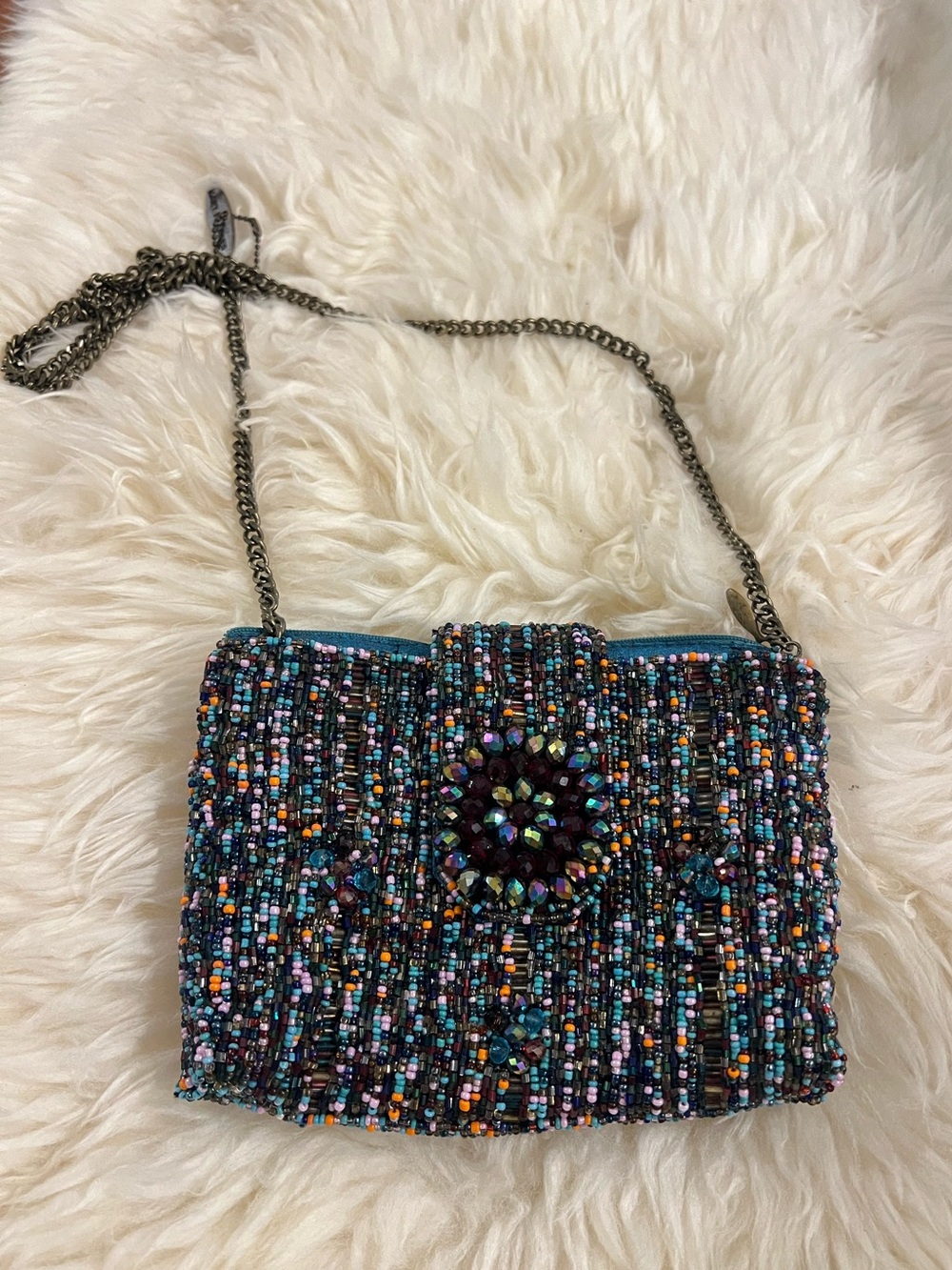 Vintage Beaded Multicolor 
Mary Frances Crossbody Bag with Chain Strap